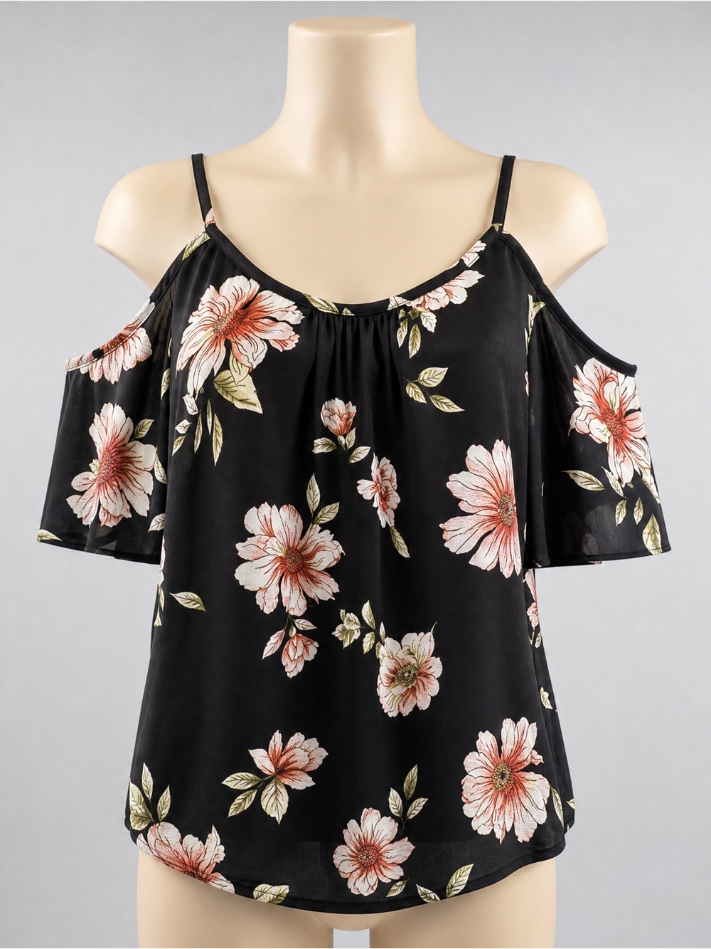 Kaileigh Black Cold-Shoulder Floral Camisole with Pink Flowers